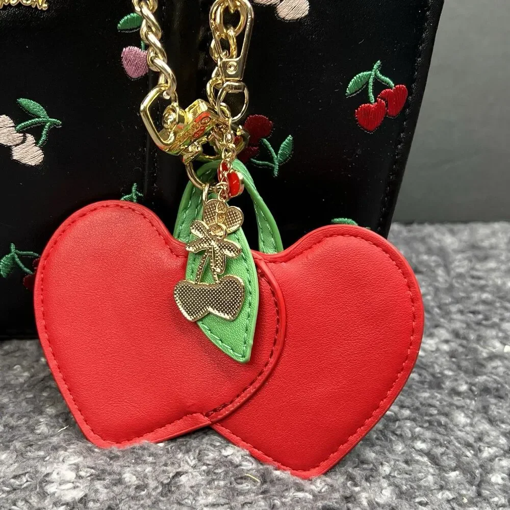 Betsey Johnson XOMACK Shoulder Bag Black Red Embroidered Cherry Charm NWOT